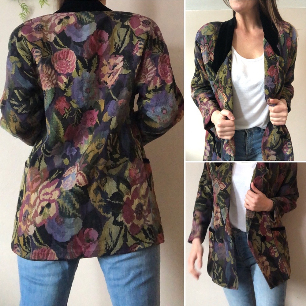 Vtg Oversized Floral Tapestry Blazer Women's 6 Coat Velvet Collar 90's 80's